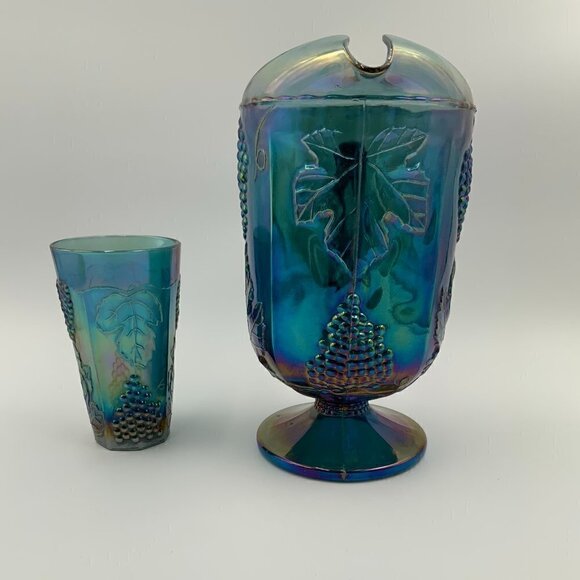 Vintage Blue Indiana Glass Grape Harvest Carnival Pitcher and Drinking Glass - Picture 7 of 8